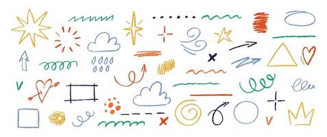 Set of doodle hand drawn elements for text with crayon or pastel texture. Arrows, shapes and frames. Chalk color illustration on the white background. vector