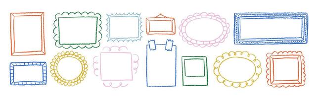A set of different frames for pictures or photo with crayon, chalk or pastel texture. Color doodle vintage illustration on a white background. vector
