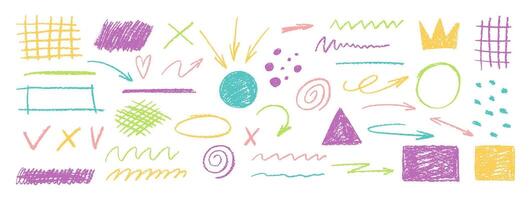 Crayon scribble arrow, underline and square. Grid, dots and waves with crayon texture. Color illustration on a white background. vector