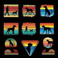 Retro Sunset with German Shorthaired Pointer Dog in Silhouette Bundle vector