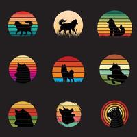 Sunset Retro Background with Siberian Husky Dog Silhouette Bundle vector
