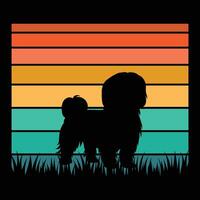 Shih Tzu Dog Silhouette with Retro Vintage Sunset vector