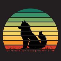 Retro Sunset Backdrop with Siberian Husky Dog Silhouette vector