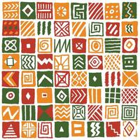 African inspired hand drawn square block tiles pattern with simple geometric lines and shapes. Bright colorful ethnic print, wallpaper, background design for Black History Month, Juneteenth, Kwanza vector