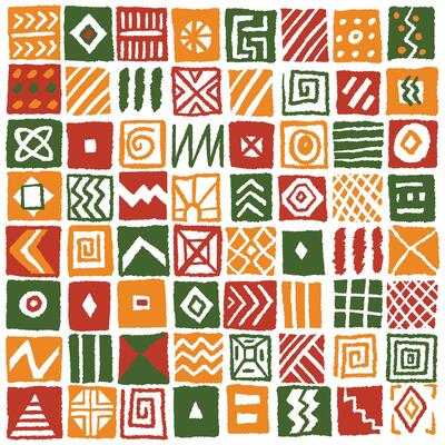 African inspired hand drawn square block tiles pattern with simple geometric lines and shapes. Bright colorful ethnic print, wallpaper, background design for Black History Month, Juneteenth, Kwanza
