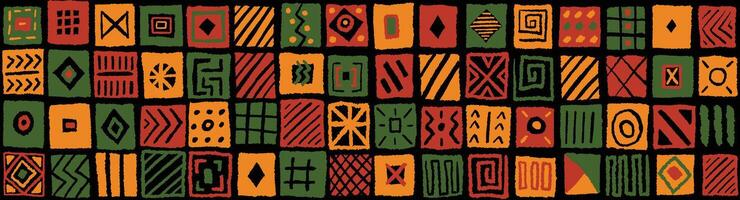 African inspired hand drawn square block tiles pattern with simple geometric lines and shapes. Bright colorful ethnic print, wallpaper, background design for Black History Month, Juneteenth, Kwanzaa vector