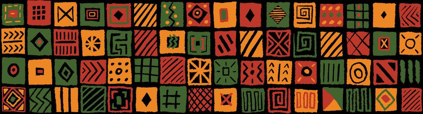 African inspired hand drawn square block tiles pattern with simple geometric lines and shapes. Bright colorful ethnic print, wallpaper, background design for Black History Month, Juneteenth, Kwanzaa