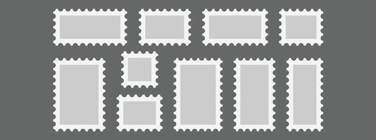 Postage stamp blank templates set. illustration old mail patterns isolated on gray background. Jagged wavy edge forms. Paper postmarks kit. Postal shapes border. Frames for letter. vector