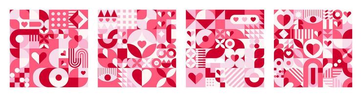 Geometric shapes Valentines Day tile patterns set vector