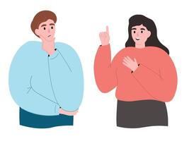 A guy and a girl are discussing a problem, talking. Young people communicate, learn from each other, think about it. flat graphics. vector