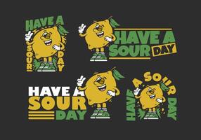 Have a sour day. Mascot character of lemon fruit in flat art style design in 4 type vector