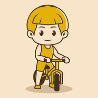Chibi character of a kid playing with bicycle. retro colors vector