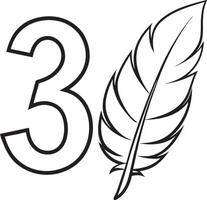 a feather and number three coloring page vector