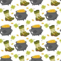 St. Patricks Day, seamless pattern, clover, pot of gold, clogs vector