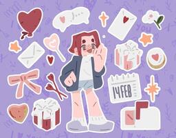 Valentine's Fun Character. A playful Valentine's Day illustration featuring a character with hearts, gifts, balloons, and festive elements on a purple background. Perfect for design projects. vector