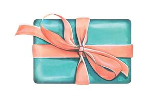 Gift box with a bow. Watercolor illustration. An isolated object from a set of HAPPY BIRTHDAY. For decoration, design and compositions of souvenirs, paper, stickers, postcards, invitations, posters vector