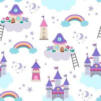 seamless pattern with unicorn castle, fairy house on cloud, towers. Repeat background with fairytale homes, rainbow, stars, moon. Fantasy world digital paper vector