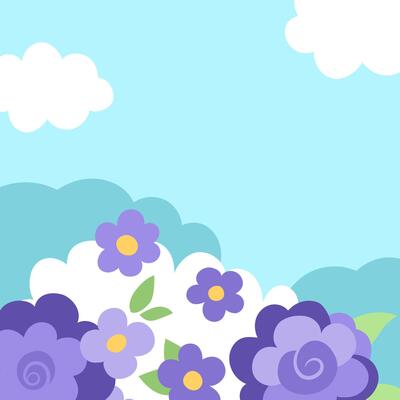 abstract background with clouds, purple flowers, forest. Magic or fantasy world scene. Cute fairytale square nature landscape with place for text. Blue sky illustration for kids