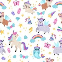 unicorns seamless pattern. Repeat background with fairytale characters, animals with horns, rainbow, falling stars, crystals. Fantasy world digital paper with funny llama, cat, narval vector