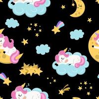 seamless pattern with sleeping unicorns. Repeat background with fairytale characters, falling stars, moon, clouds. Fantasy world digital paper. Good night texture on black backdrop vector