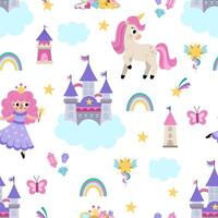 seamless pattern with unicorn and fairy. Repeat background with fairytale characters, castle on cloud, towers, rainbow, falling stars, crystals, cloud. Fantasy world digital paper vector