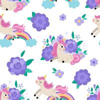 unicorns seamless pattern. Repeat background with fairytale characters, rainbow, flowers. Fantasy world digital paper with purple floral elements vector