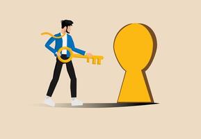 Key to success, confidence businessman holding golden key and running to unlock keyhole to reach target vector