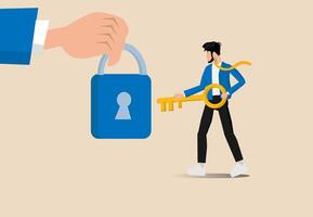 Business support or help to solve problem, businessman thinking with idea as a keyhole with helping hand holding the success key, clear and unblock work obstacle or key to unlock business idea concept vector