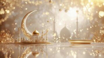 Elegant 3D Ramadan composition featuring an intricately designed golden crescent moon, a majestic golden mosque, gleaming reflective surfaces, and a sophisticated podium for festive themes photo
