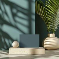 Minimalistic display featuring a dark card, sphere, and sleek vase with palm leaf. photo