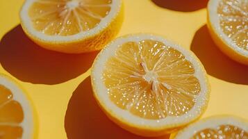 Slices of Lemon on Yellow Background Showing Juicy Texture photo