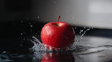 Red Apple Splashing Into Water Creating Ripples photo