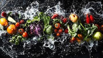 Fresh Produce Splashing in Water A Vibrant Display photo