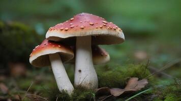 Two red toadstools with white spots growing in moss. photo