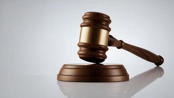 Wooden gavel on sound block, isolated on grey background. photo