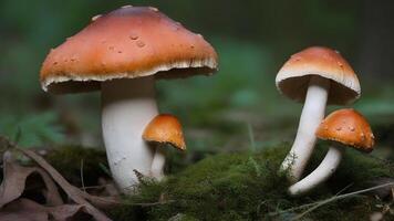 Three mushrooms, two large and two small, growing in moss and leaves. photo