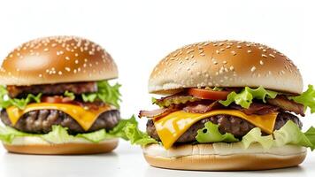 Two juicy cheeseburgers with bacon, lettuce, tomato, and cheese on sesame buns. photo