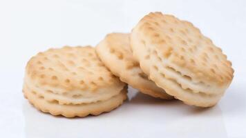 Three round, golden-brown biscuits on white background. photo