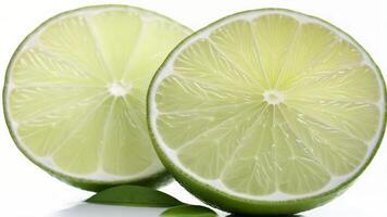 Two lime halves with leaves on white background. photo