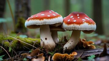 Two red toadstools with white spots in a forest. photo