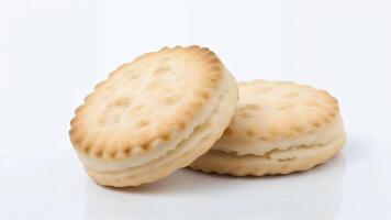 Two round, light brown biscuits, slightly overlapping, on a white background. photo