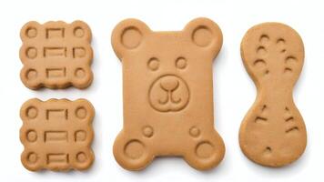 Three assorted animal-shaped dog biscuits isolated on white. photo