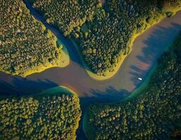 A river viewed from above, surrounded by dense forests, captured from a bird's-eye angle using satellite imagery and drones. photo