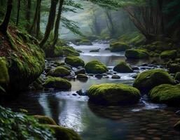 A river in a remote forest with trees and moss-covered rocks. photo