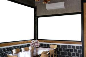 Modern cafeteria, empty cafe. Blank poster billboard template. Blank Sign Label and Placard attached to the window glass. photo