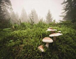 Mushrooms on a pile of forest shrubs with a background of a damp, misty forest. photo