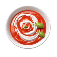White bowl of tomato soup with a swirl of cream and fresh basil garnish png