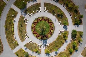 View from a drone vertically down to the territory of the park in the summer photo