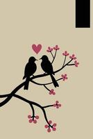 Two adorable lovebirds perch on a cherry blossom branch, surrounded by soft pink tones that fade into a neutral background, perfect for a romantic message. vector