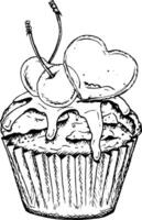 Hand-drawn ink illustration of a cupcake with cherries, dripping glaze and a caramel heart-shaped topper. Perfect for Valentine s Day, bakery designs or romantic food-themed projects vector
